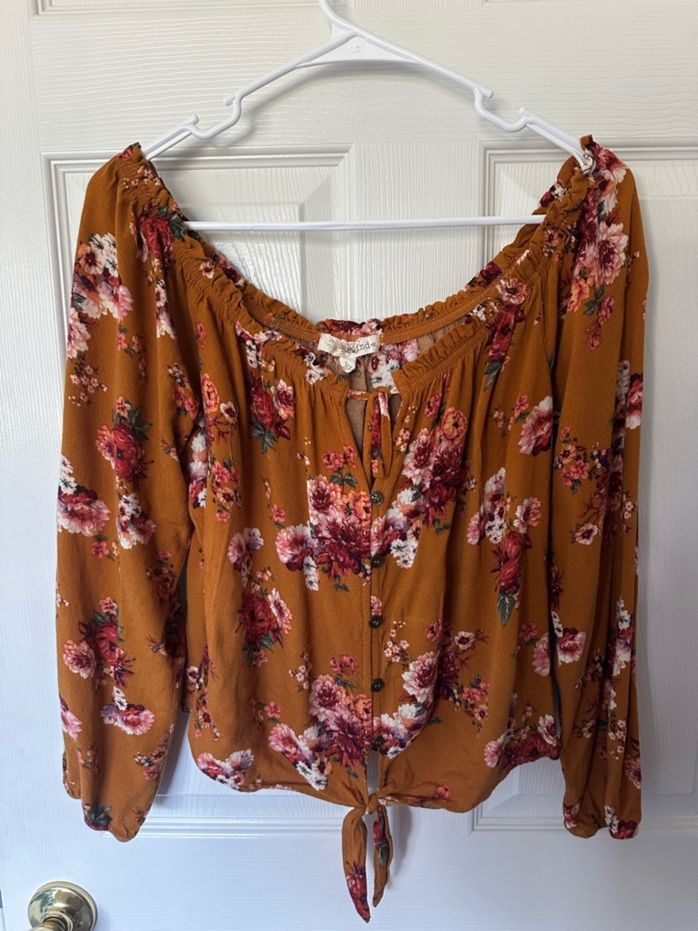 Floral Butterscotch Floral Tie-Hem Off-Shoulder Top low cut feminine five button